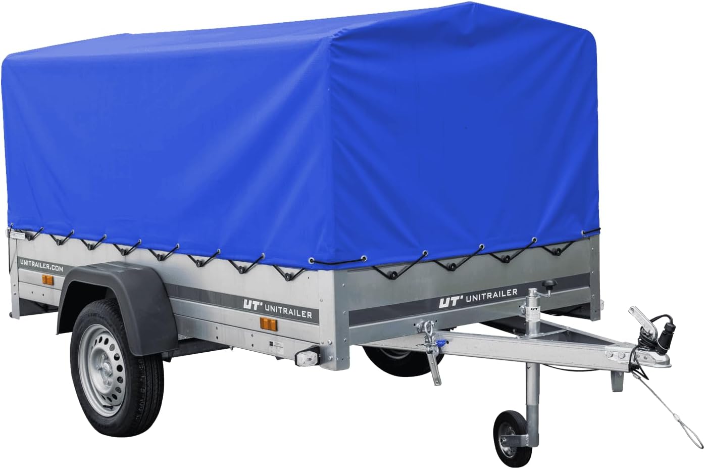 UNITRAILER PKW Anhänger 750 kg – Blaue Hochplane, Kippbare Deichsel, Stützrad & Straßenzulassung inklusive - RAHFY