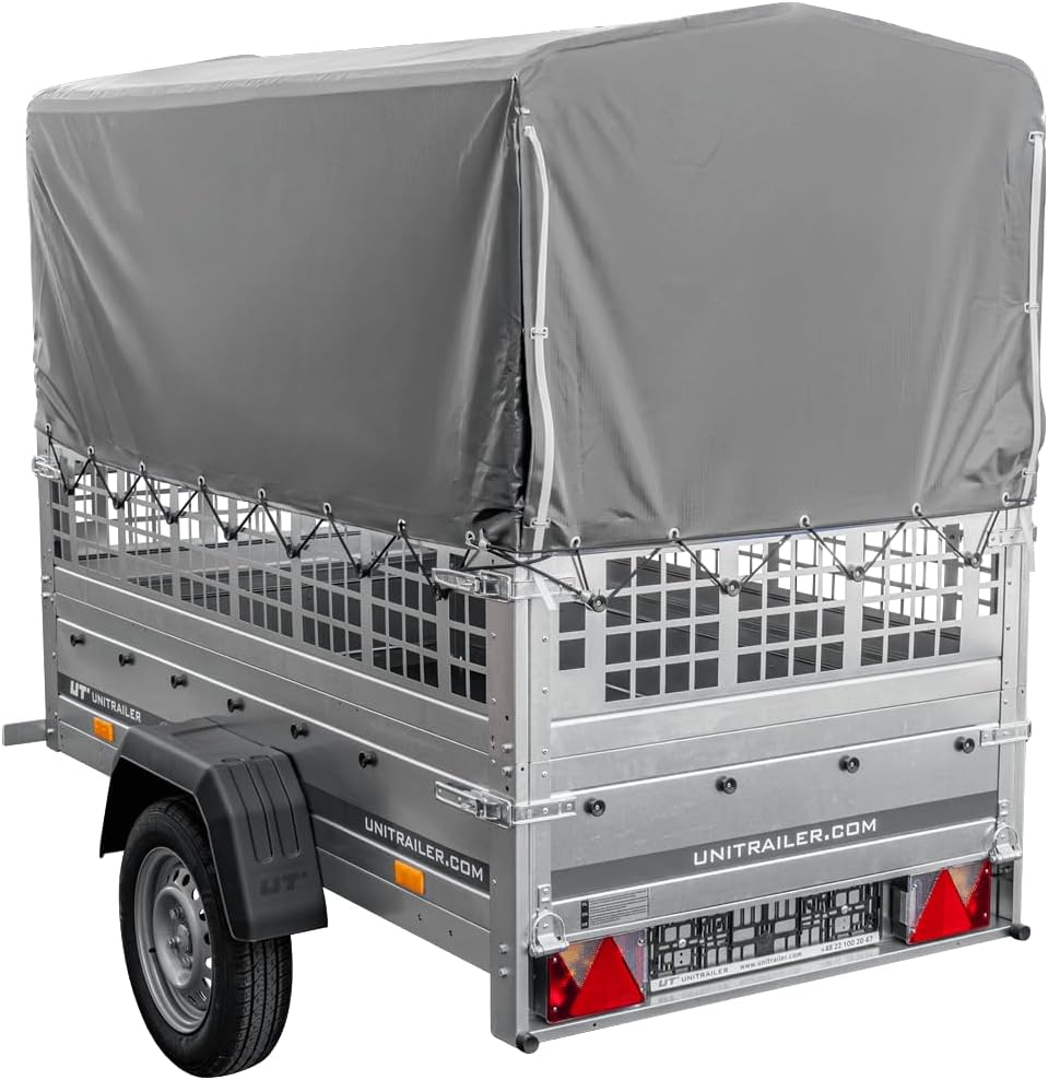 UNITRAILER Garden Trailer 200 KIPP 750 kg – Gitteraufsatz, Hochplane Grau, Kippbare Deichsel & Verstärkte Stahlstruktur - RAHFY