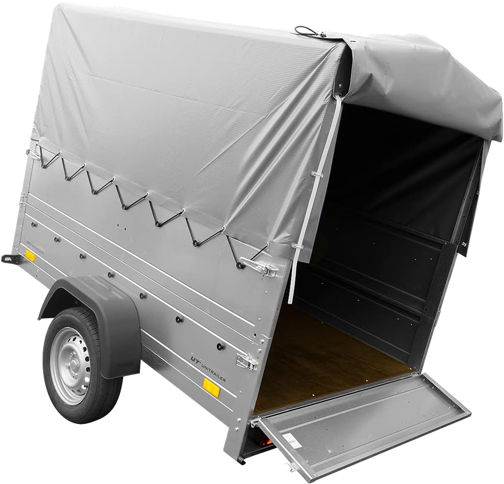 UNITRAILER PKW Anhänger 750 kg – Silber | Hochplane, Bordwände, V-Deichsel, Siebdruckboden & AL-KO/Knott Achse - RAHFY