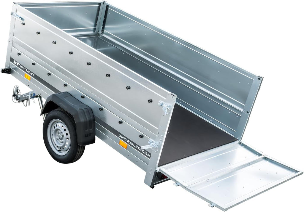 UNITRAILER Klappanhänger 750 kg – Silber | Robuster Stahlanhänger mit Bordwänden, Kippmechanismus & Plane - RAHFY
