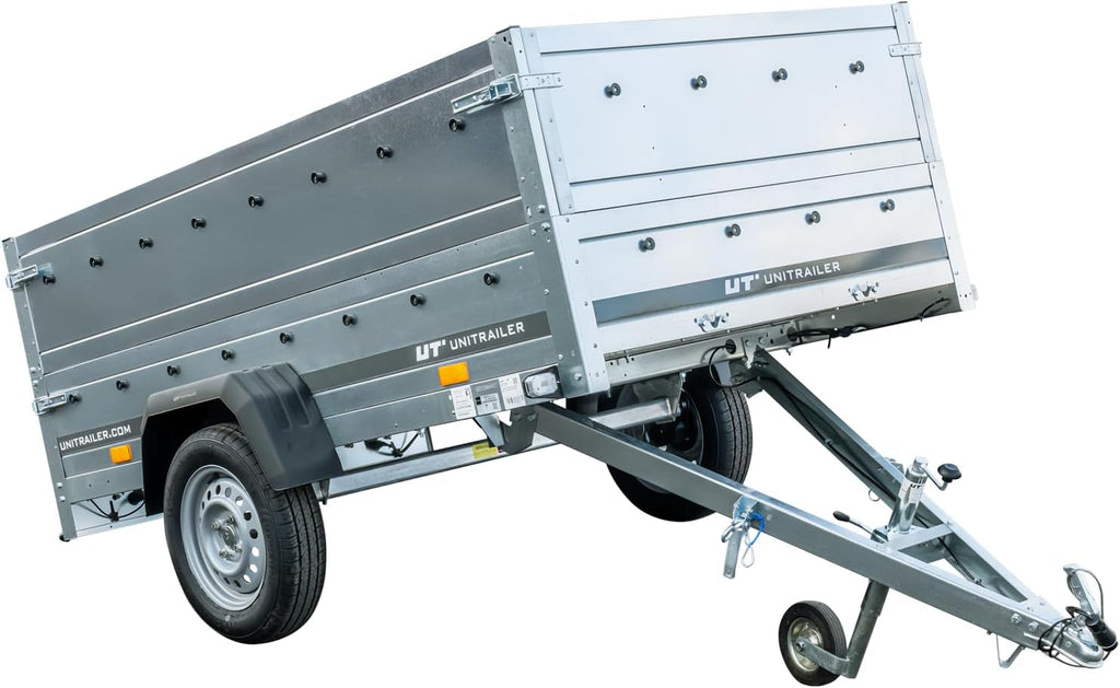 UNITRAILER Klappanhänger 750 kg – Silber | Robuster Stahlanhänger mit Bordwänden, Kippmechanismus & Plane - RAHFY